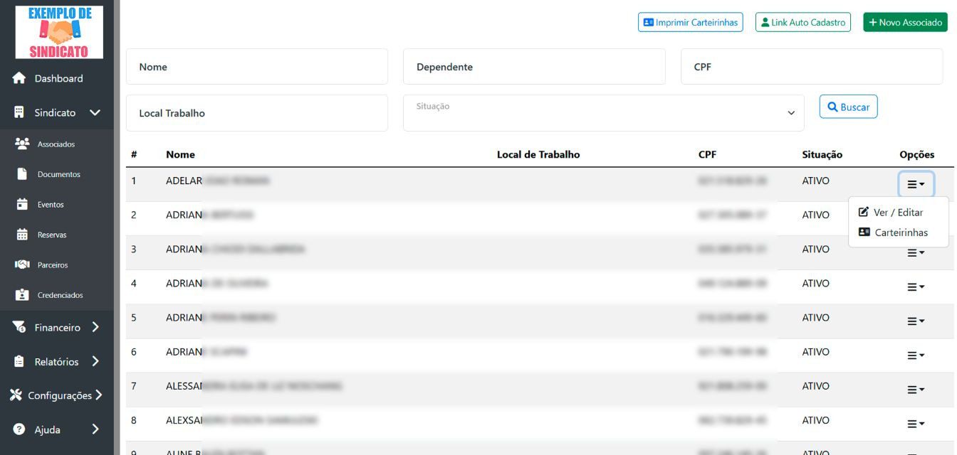Gestão de associados simplificada: pesquise rapidamente, cadastre novos membros, altere informações de maneira simples e imprima carteirinhas com agilidade e organização.