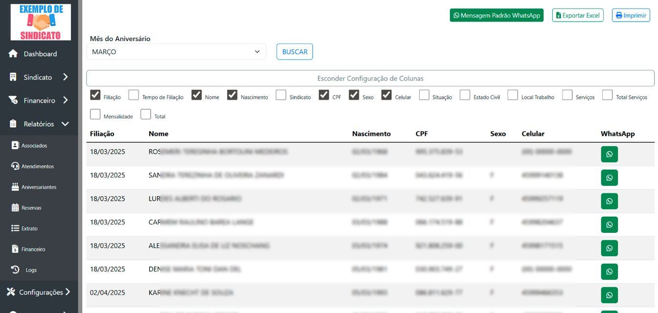 Celebre com organização: visualize aniversariantes por mês, envie felicitações direto pelo WhatsApp e gere relatórios em PDF ou Excel com praticidade.