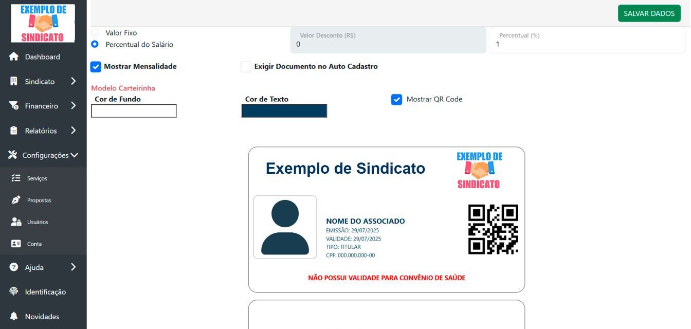 Personalização visual da carteirinha: configure cores de texto e fundo, adicione QRCode e deixe a identidade visual da sua instituição refletida em cada detalhe do documento do associado.