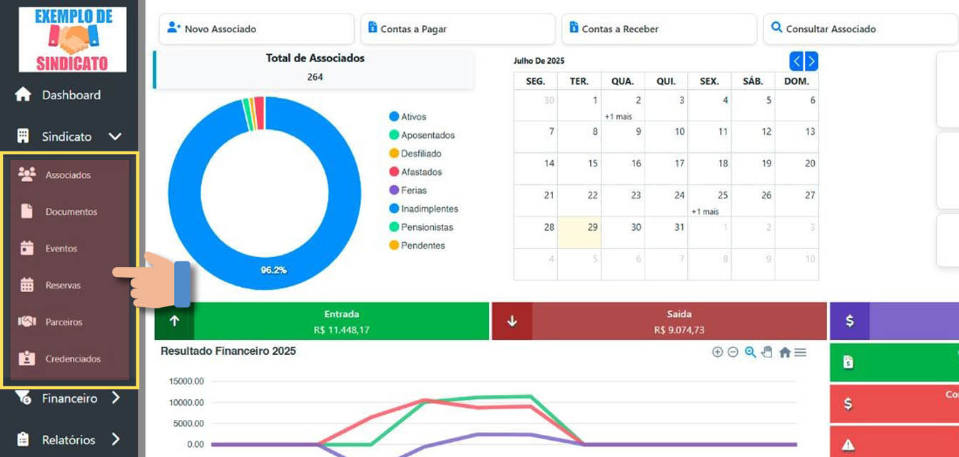 Gestão completa do Sindicato: acesse e gerencie associados, documentos oficiais, eventos, reservas de espaços, além de manter o cadastro de parceiros e credenciados sempre atualizado.